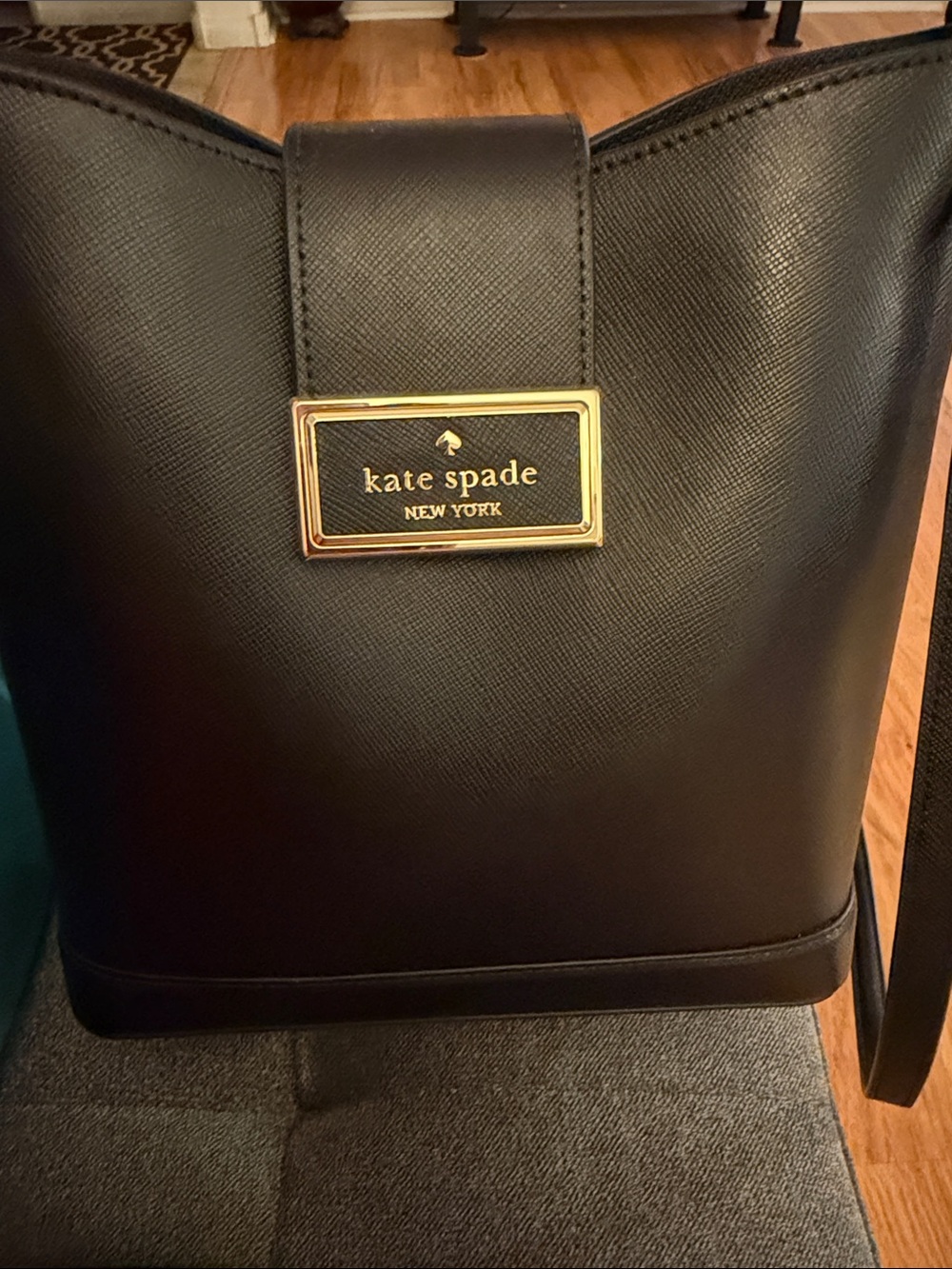kate spade Black Saffiano Leather Tote with Gold Plaque